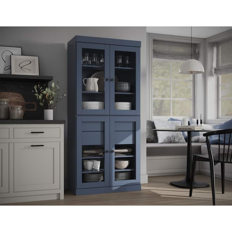 Palace Imports 100% Solid Wood Pantry Cabinet with Frosted, Clear Glass or Solid Doors, 2-Drawers and Adjustable Shelves - Antique Blue - Clear Glass