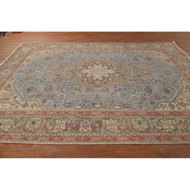 Geometric Blue Tabriz Persian Rug Hand-Knotted Traditional Wool Carpet - 8'3"x 11'2"