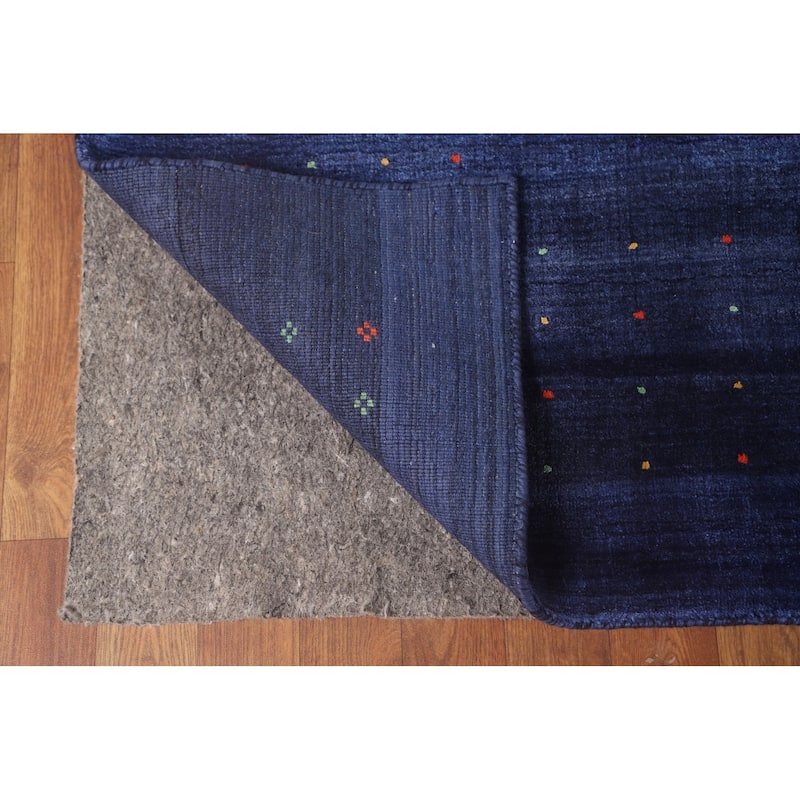 Blue Tribal / Striped Gabbeh Indian Area Rug Handmade Silk Carpet - 8'1" x 9'7"