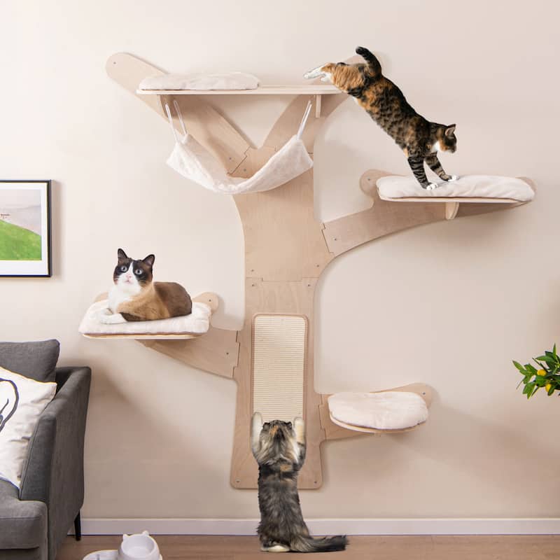 Wall-Mounted Cat Tower with Hammock Platforms and Sisal Scratching Mat - 5th Platform: 16.5" x 14.5" (L x W) - Natural