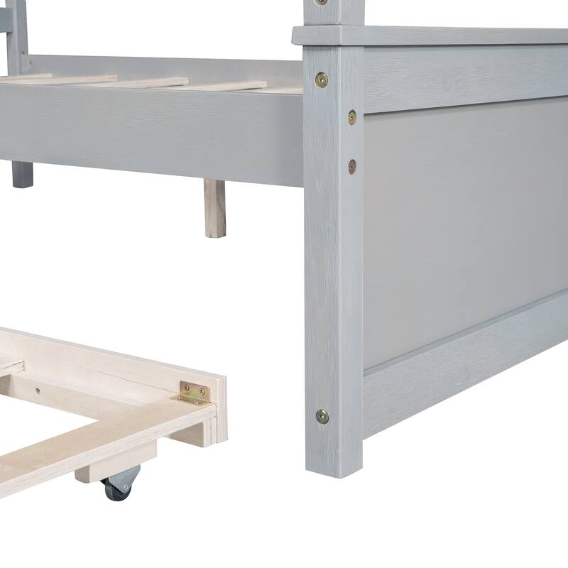 Modern Full Canopy Bed with Trundle, Solid Wood Frame, and Customizable Curtain Rails