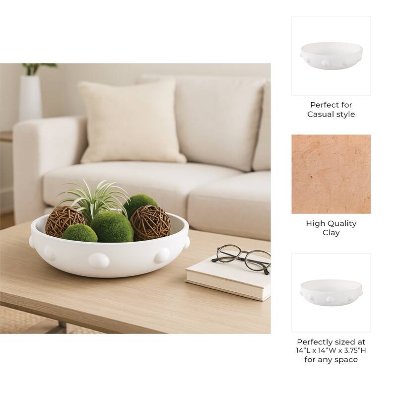 Pottery Clay Bowl Raised Dot-Textured Accents for Home - 14" White - 14.0"