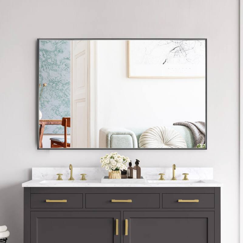 Metal Framed Rectangle Bathroom Vanity Mirror Wall Mirror - 55"Wx36"H - Black