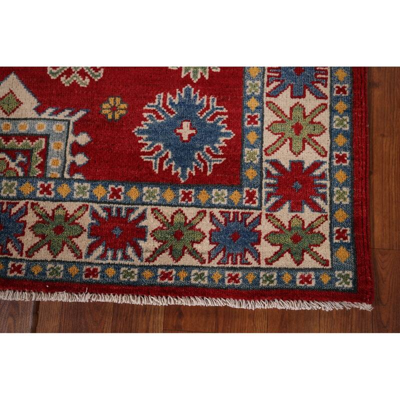 Oriental Kazak Area Rug Hand-Knotted Geometric Red Wool Carpet - 4'0" x 5'8"