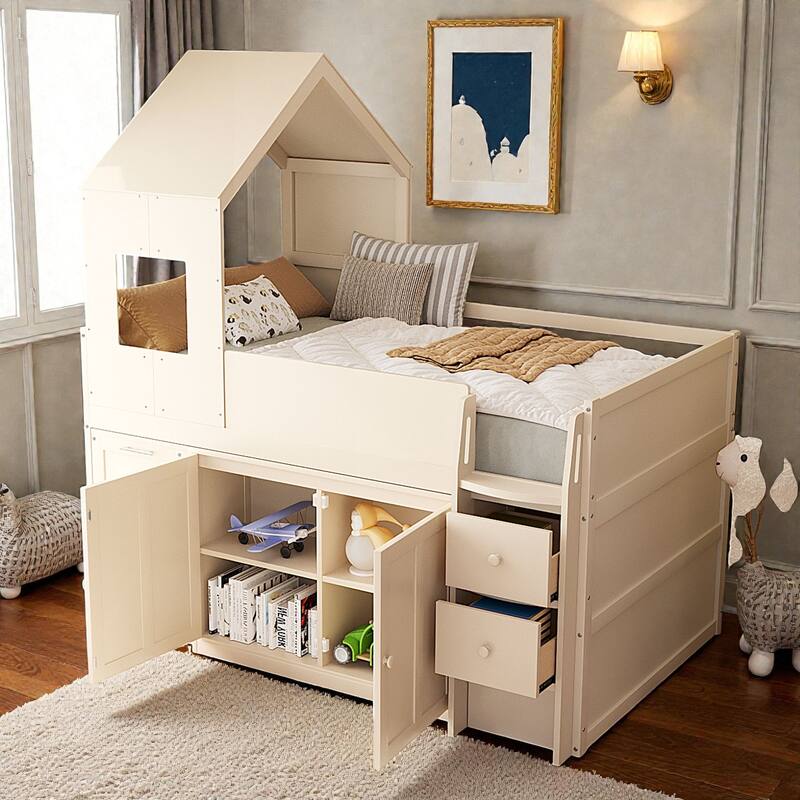 Twin Wooden Loft Bed with Rolling Desk, Storage Drawers and Cabinets, House Style Kids Loft Bed with Stairs
