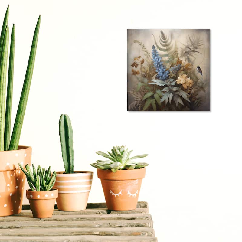 Wynwood Studio Canvas Floral and Botanical Little Bird in Still Life Blue and Violet Blue Traditional Wall Art Canvas Print - 12 x 12