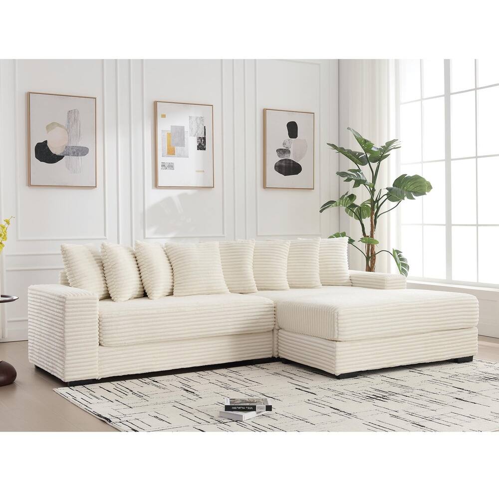 L Shaped Modular Sectional Sofa with Chaise, Oversized Corduroy Upholstered Sleeper Sofa, Floor Corner Sofa with Throw Pillows