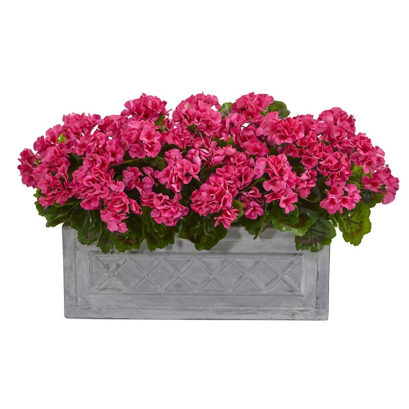 Artificial Plant 18 Inch Pink Blooms Stone Planter Indoor Outdoor Decor UV Proof