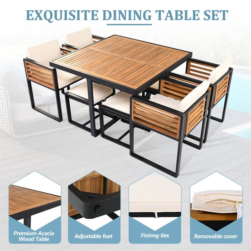 9-Piece/18-Piece Acacia Wood Patio Dining Set, Outdoor Dining Table Set with Cushioned Chairs, Ottomans and 1 Square Table