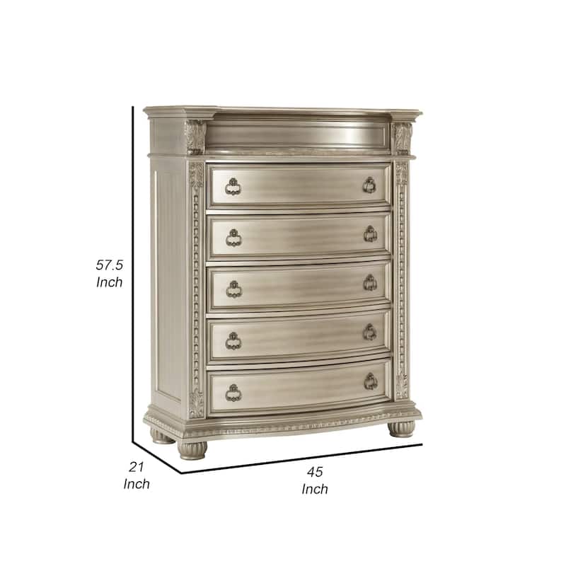 Caitlin 58 Inch Tall Dresser, Marble Top, Leaf Carving, Silver Wood