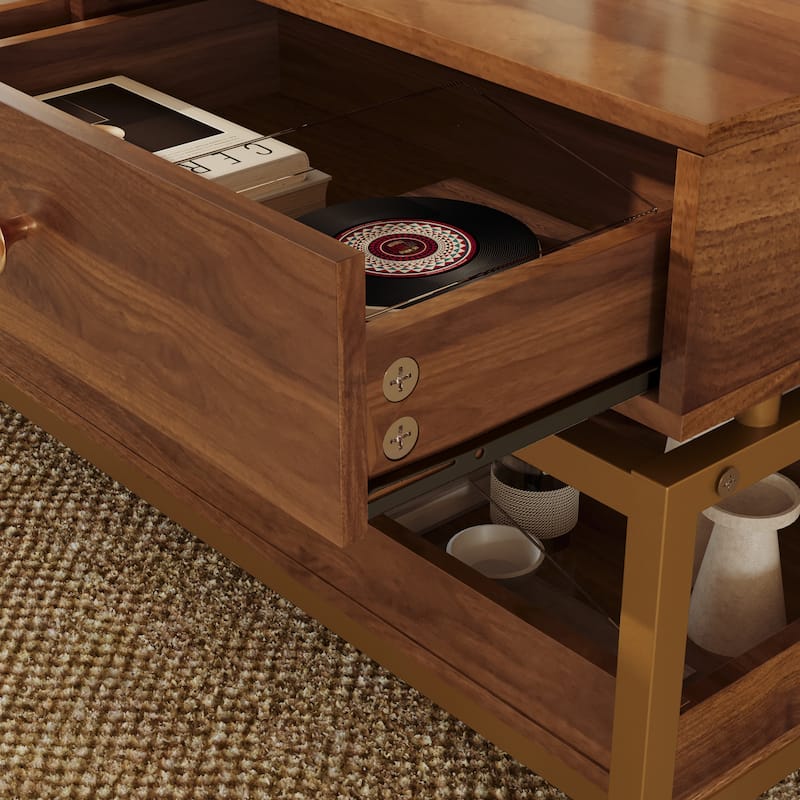 Coffee Tables for Living Room, 39.4" Modern Coffee Table with 2 Drawers and Open Shelf, Wood Center Table with Storage