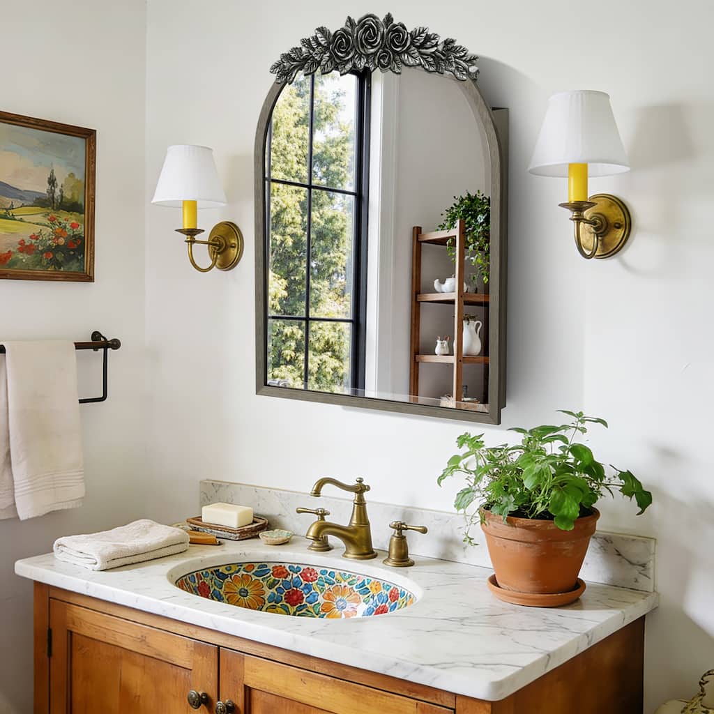 Vintage Baroque Arched Mirror Medicine Cabinet Recessed or Surface Mount Cabinet with Storage Organizer Shelves