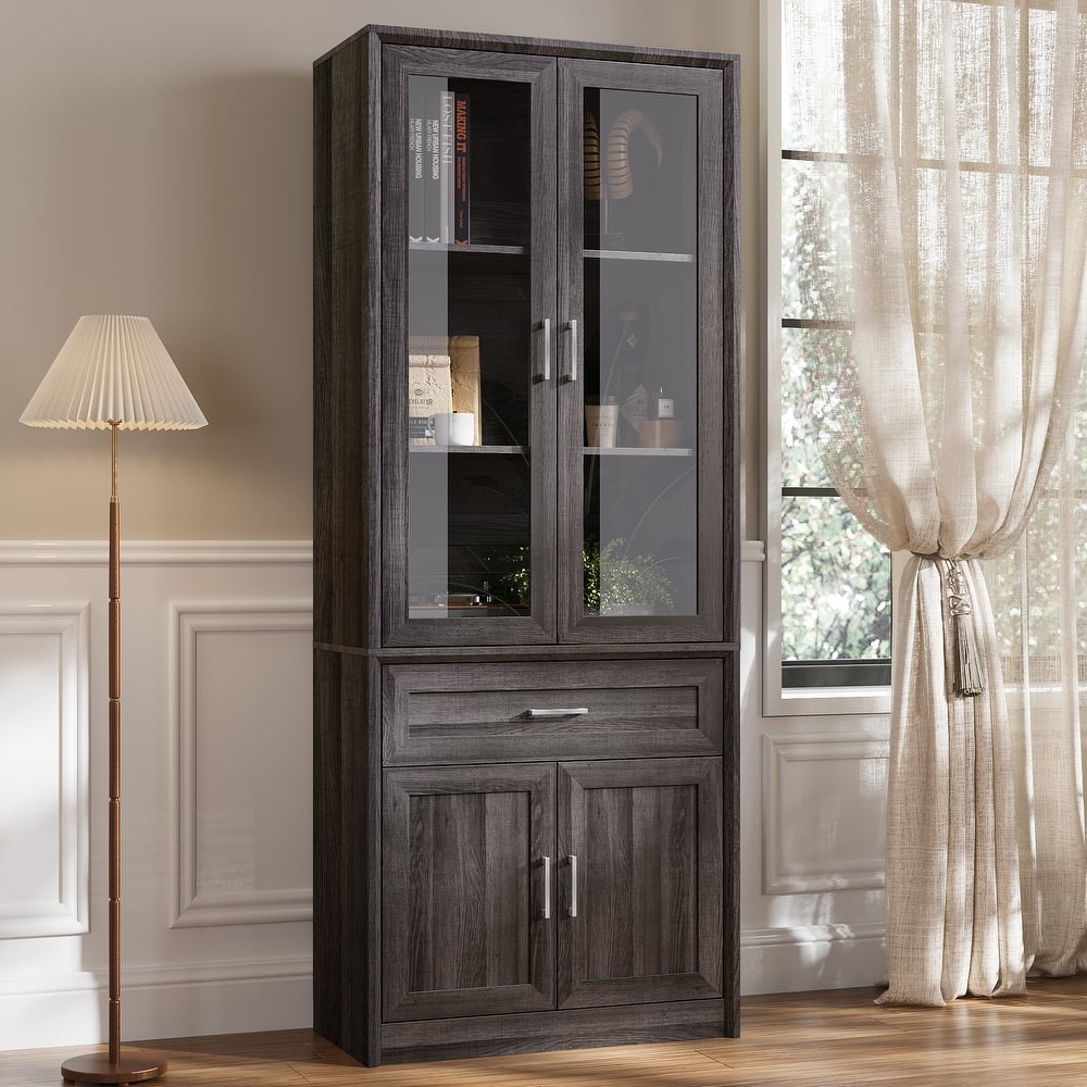 Modular Glass Door Bookcase Wall Unit with Storage Cabinets and Drawers, Dark Oak Display Hutch for Living Room or Home Office