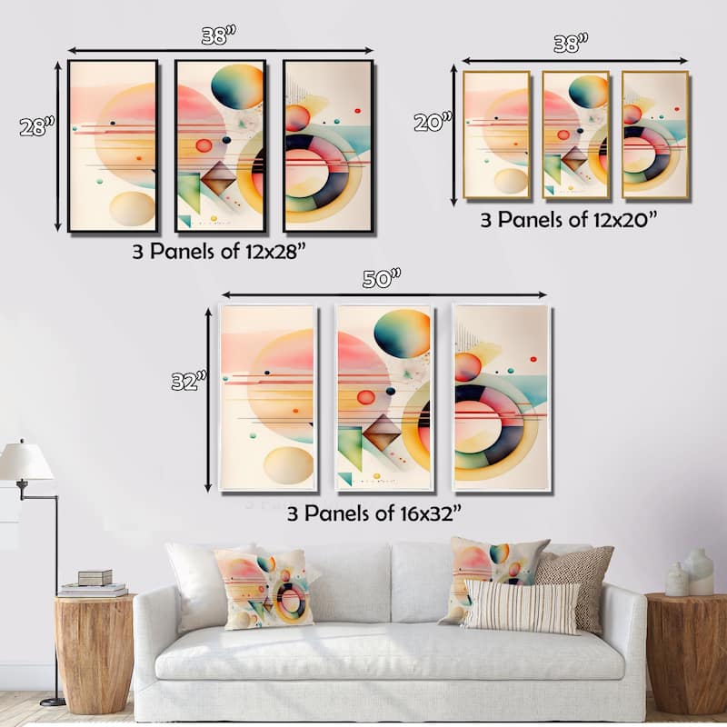 Designart "Pastel Minimalist Multi Shape Art III" Modern Geometric Framed Canvas Art Print - 3 Panels