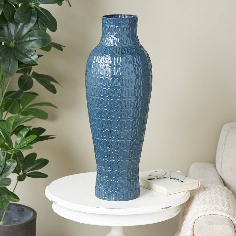 Dark Blue Metal Dimensional Textured Decorative Vase with Wavy Pattern - Dark Blue