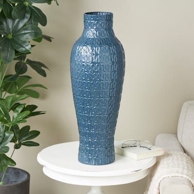 Dark Blue Metal Dimensional Textured Decorative Vase with Wavy Pattern