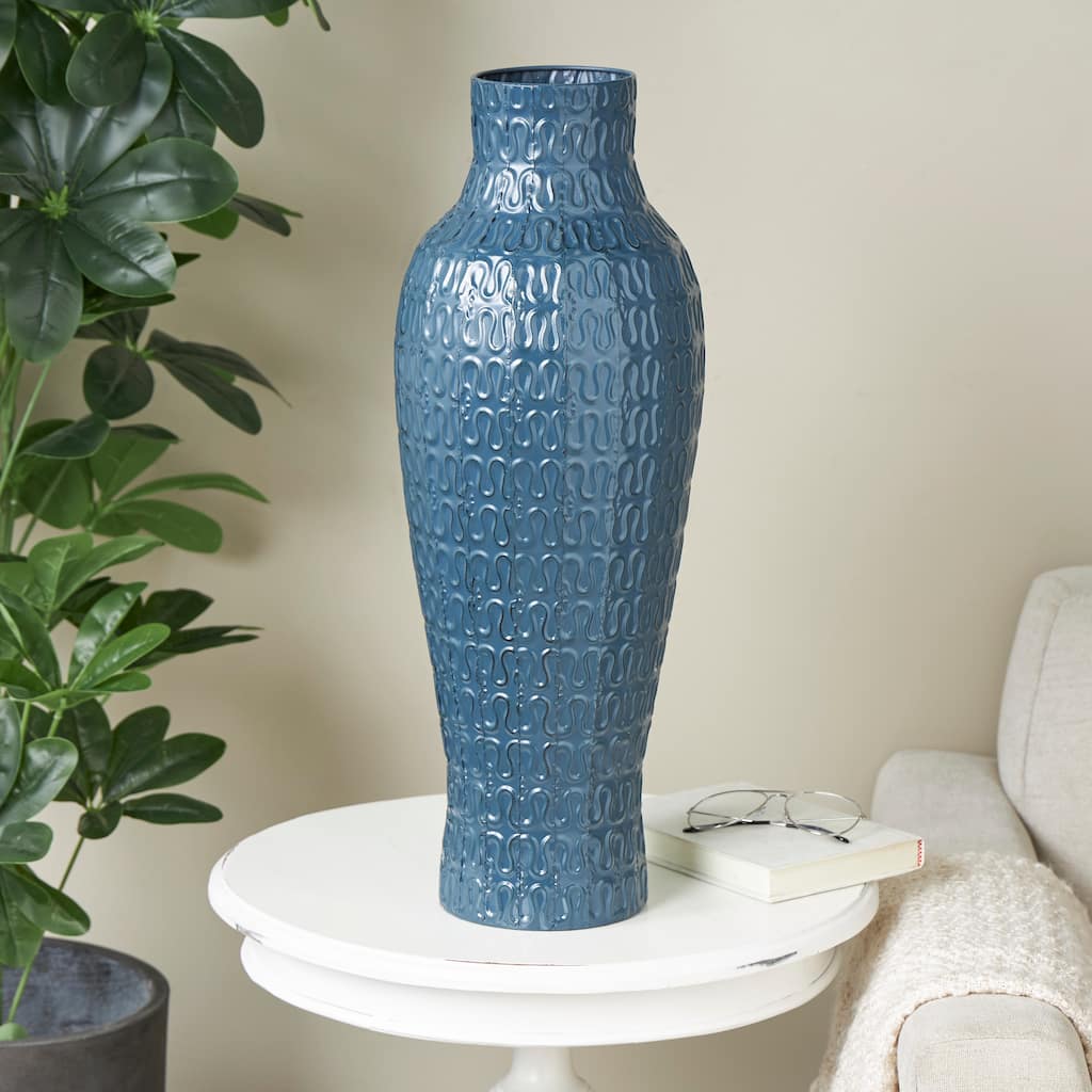 Dark Blue Metal Dimensional Textured Decorative Vase with Wavy Pattern