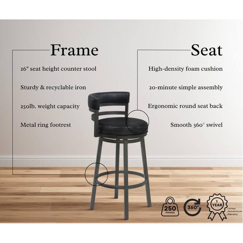 Titana Black Faux Leather Upholstered Bar or Counter Swivel Stool with Mineral Finish