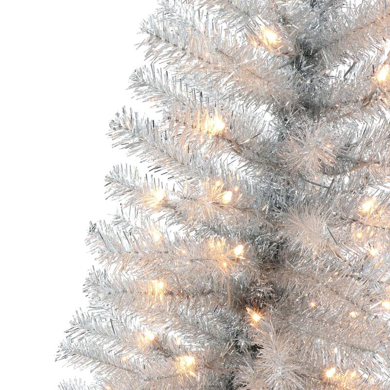 4.5' Pre-lit Silver Tinsel Slim Artificial Christmas Tree, Clear Lights - 4.5 Foot