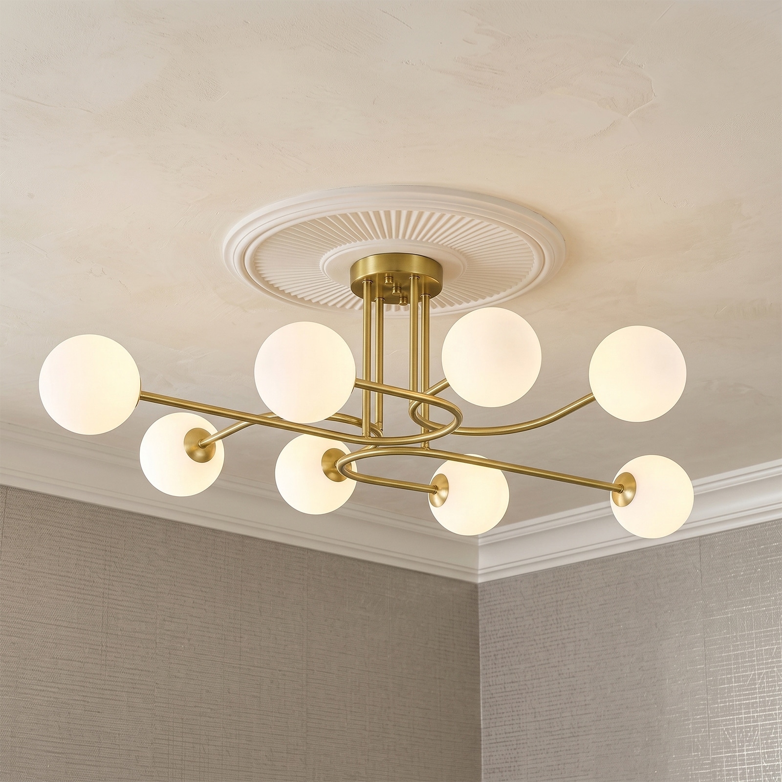 8-Light Modern Large Sputnik U-Shaped Opal Glass Bubble Linear Semi-Flush Mount Ceiling Light for Living & Dining Room