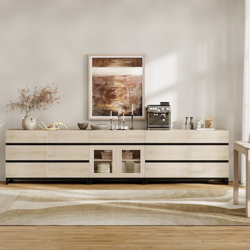 WAMPAT 3 in 1 Modern Sideboard with Glass Doors and 3 Drawers, Coffee Bar Cabinet for Kitchen
