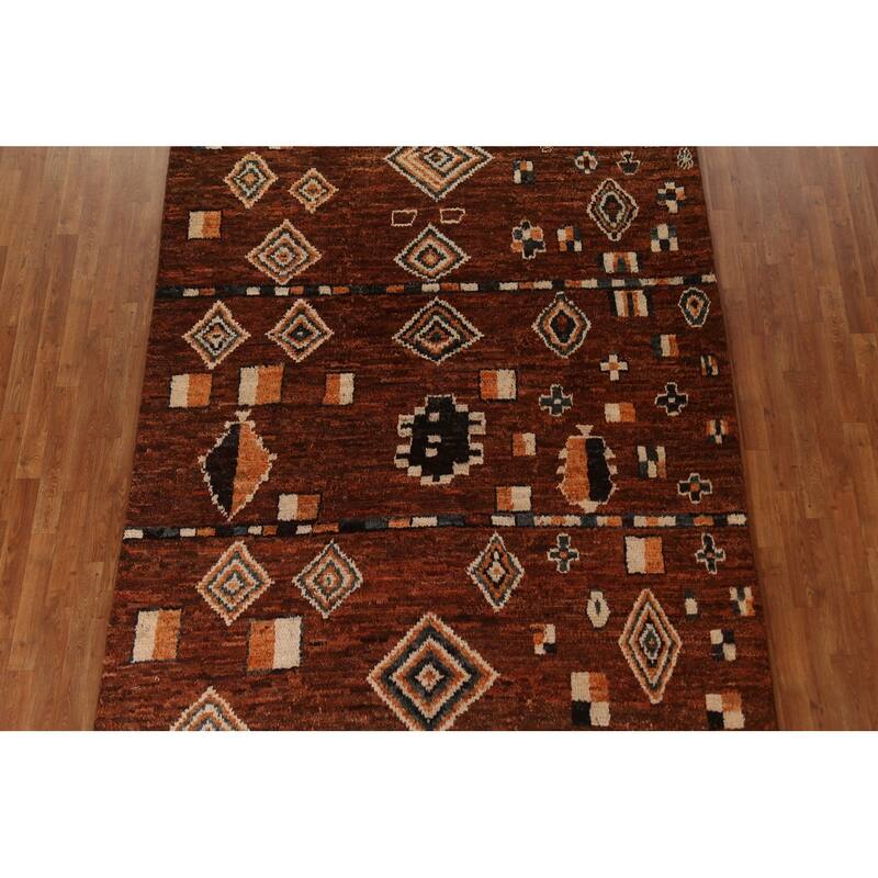 Hand Knotted Oriental 100% Wool Carpet Modern Tribal Brown Moroccan Area Rug - 9' 6'' X 6' 9''