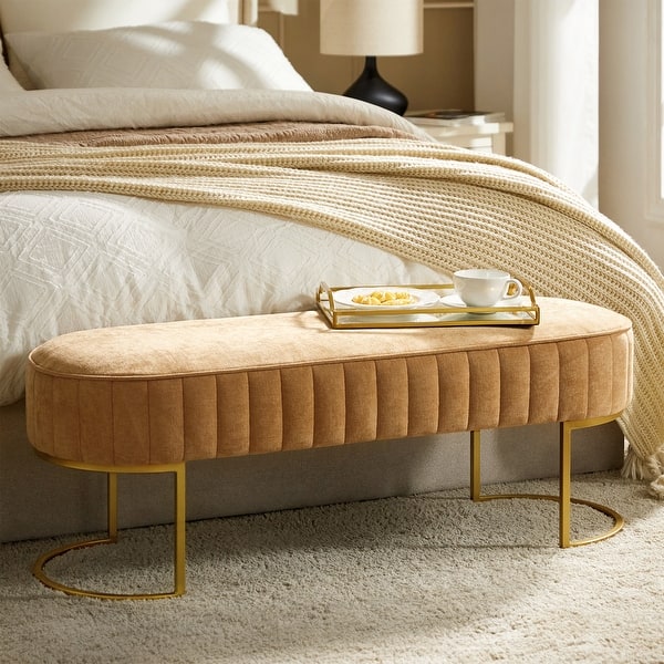 slide 2 of 9, Jonas 46" Upholstered Bench with Channel-tufted Cushion and Metal Base by HULALA HOME Mustard