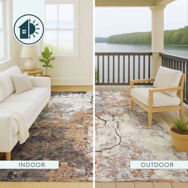 Machine Washable Indoor/ Outdoor Modern Crackle Chantille Rug