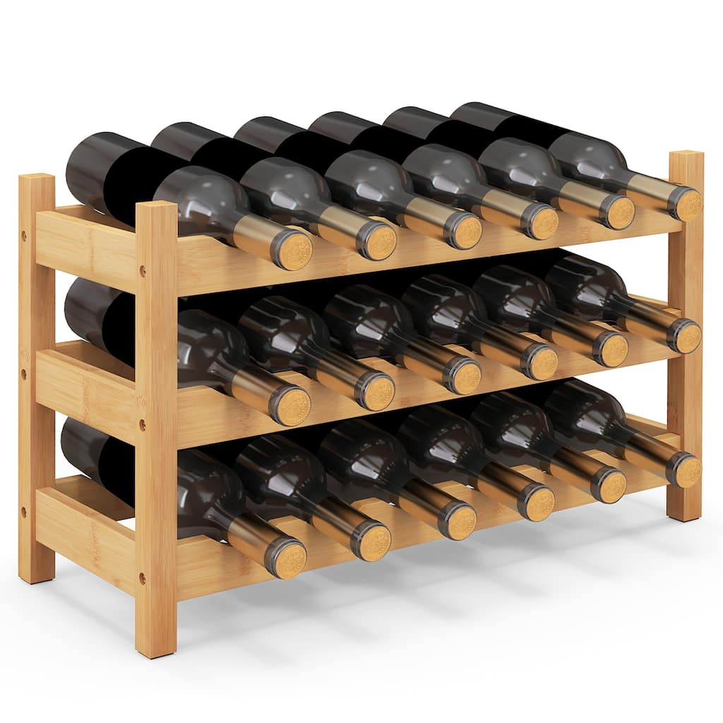 Gymax 3 Tier 18 Bottle Wine Storage Cabinet Shelf Bamboo Wine Rack for