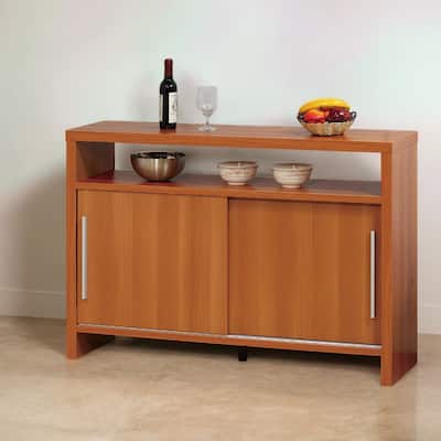 Sideboard Buffet Entry Cabinet with Sliding Doors, Metal Bar Handles, Faux Cherry Finish and 4-Shelves, Light Cherry Color