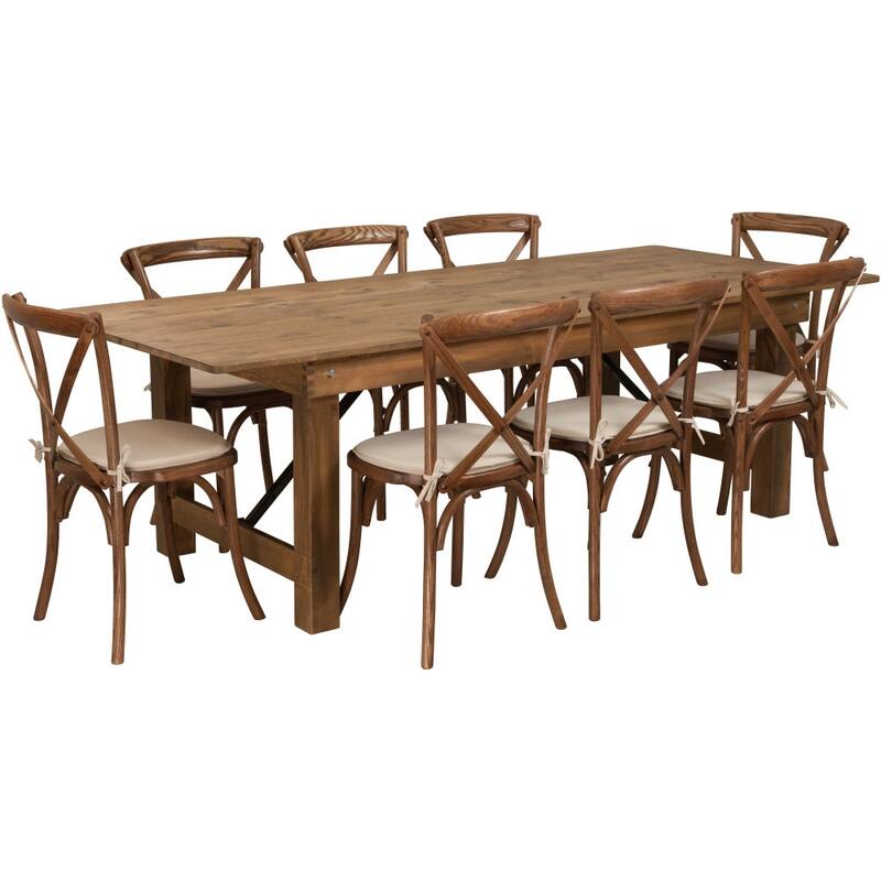 8' x 40" Rustic Folding Farm Table Set with 8 Cross Back Chairs and Cushions