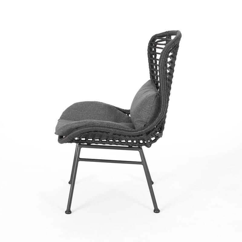 Outdoor Round Accent Chair Set of 2, Gray Faux Rattan, Black Iron