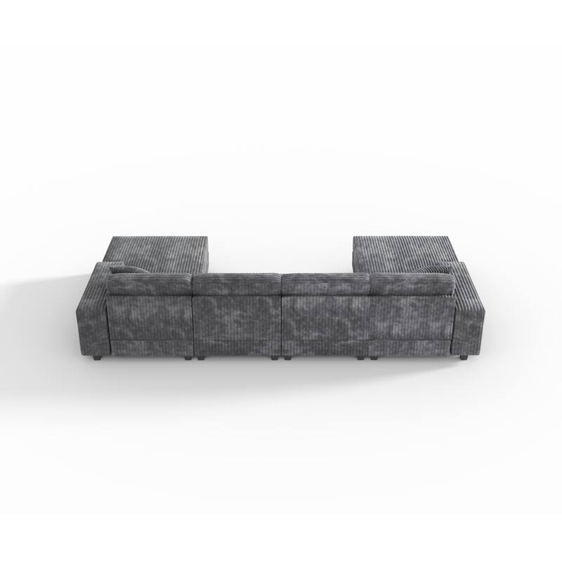 139.76" Corduroy U-Shaped Sectional Sofa with Storage Arms & Pocket Spring Cushions