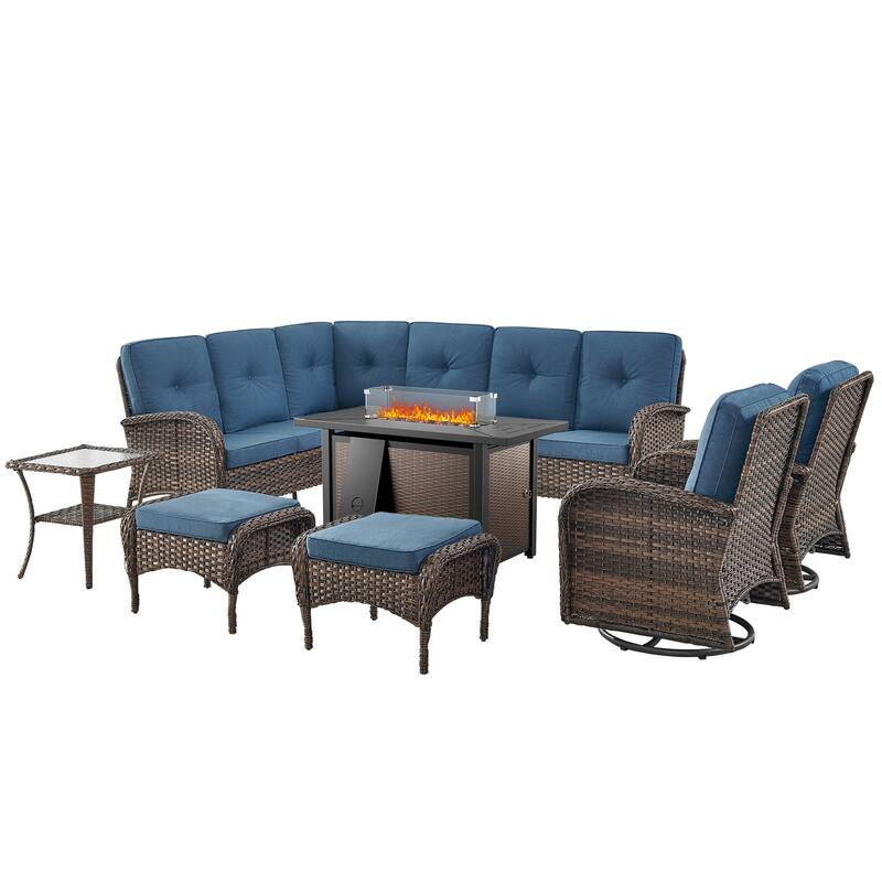 Fire Pit Table with Sectional Sofa Swivel Chairs Ottomans -Blue - Brown