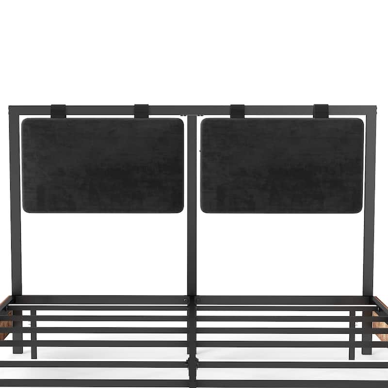 Floating Bed Frame with RGB LED Light Strip & Velvet Upholstered Hanging Headboard, Noise-Free Metal Slats Support, Black Brown