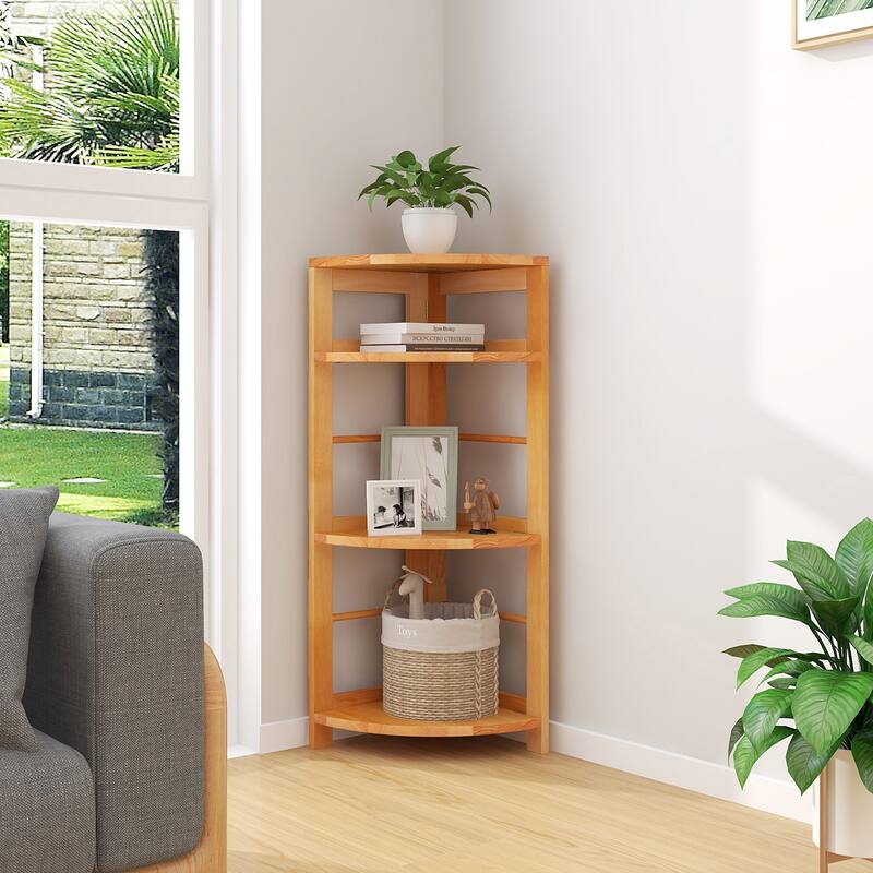 Gymax 2PCS 4-Tier Corner Shelf w/ Rubber Wood Frame Anti-Toppling Kit