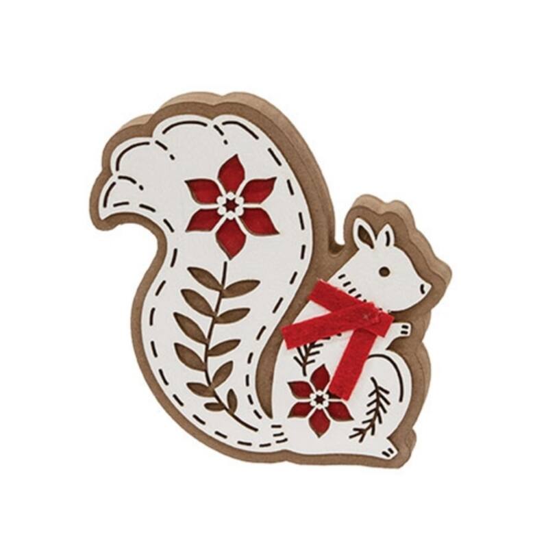Rustic Poinsettia Squirrel Shelf Sitter with Felt Scarf - 4.5” x 1” x 4.5” - White-Red-Brown