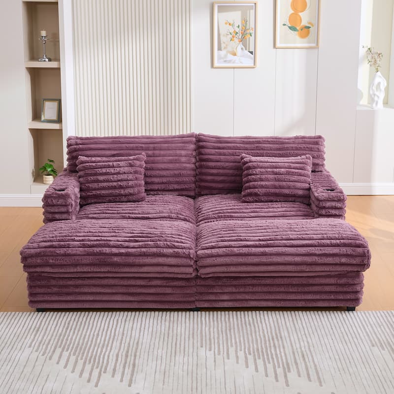 83.5" Oversized Double Chaise Sofa Bed - Plush Cloud Couch w/ USB Ports, Cup Holders & 2 Pillows, Upholstered Sleeper - Wine Red