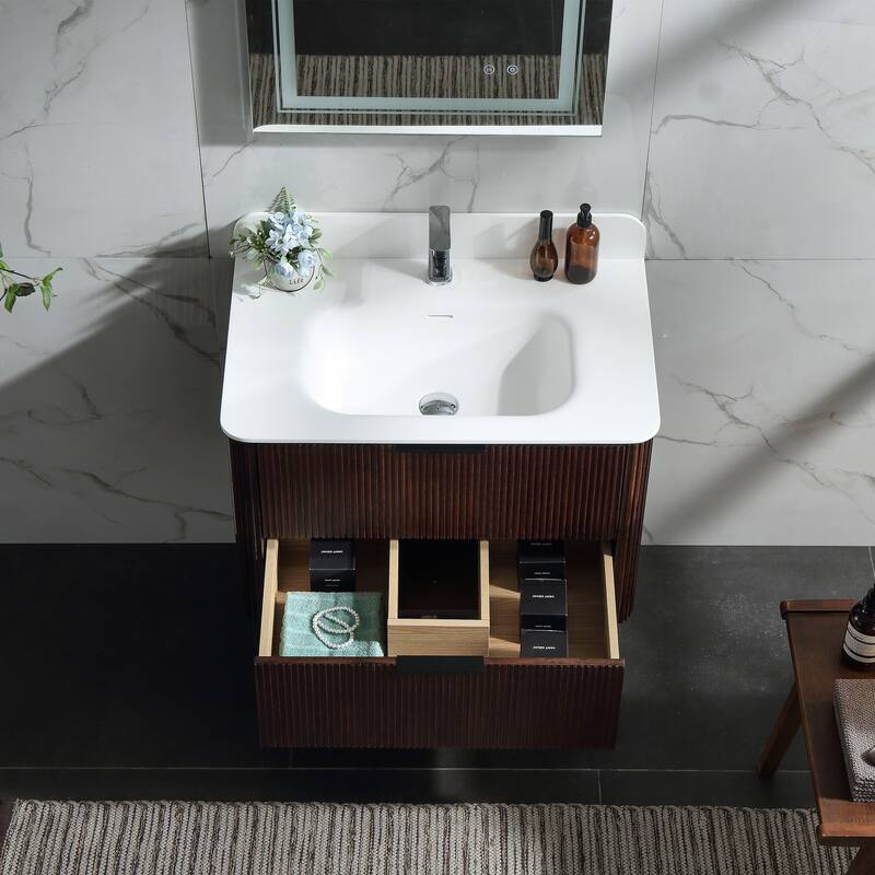 Modland Fluted Floating Vanity with Sink, Plywood Wall Mount Cabinet, Curved Edge, 24/30/36 Inch