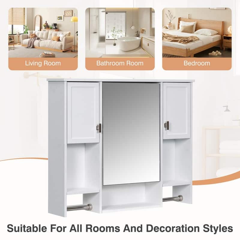 35" x 28" Modern Bathroom Mirror Cabinet with Towel Bar - Wall Mounted Storage & Vanity Mirror