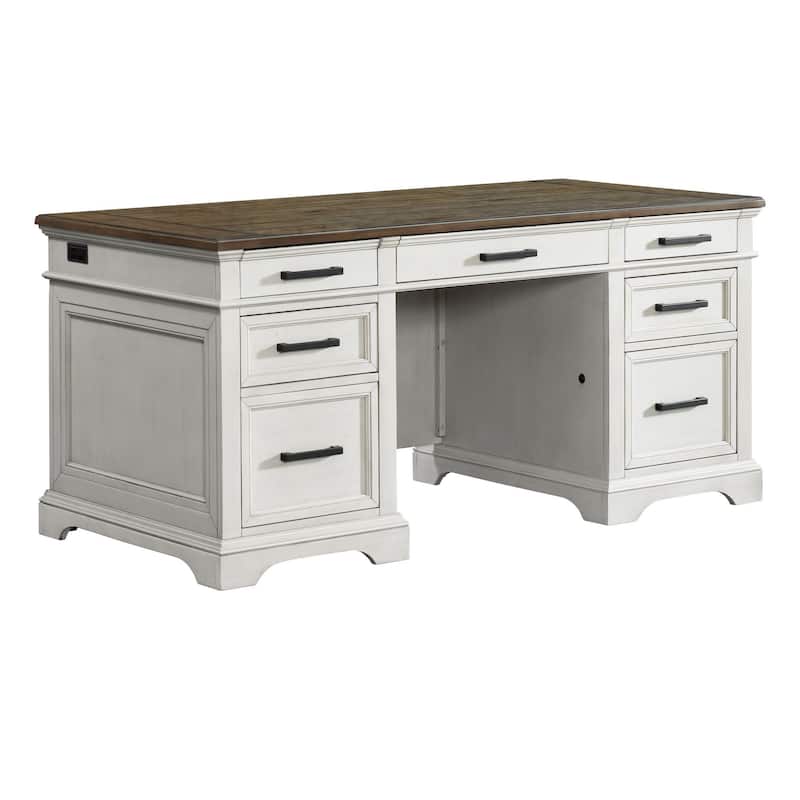 Drake Home Office 66" Wide Executive Desk, Rustic White & French Oak