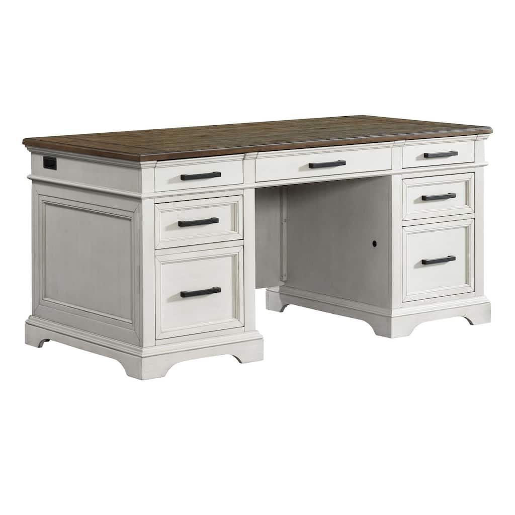 Drake Home Office 66" Wide Executive Desk, Rustic White & French Oak