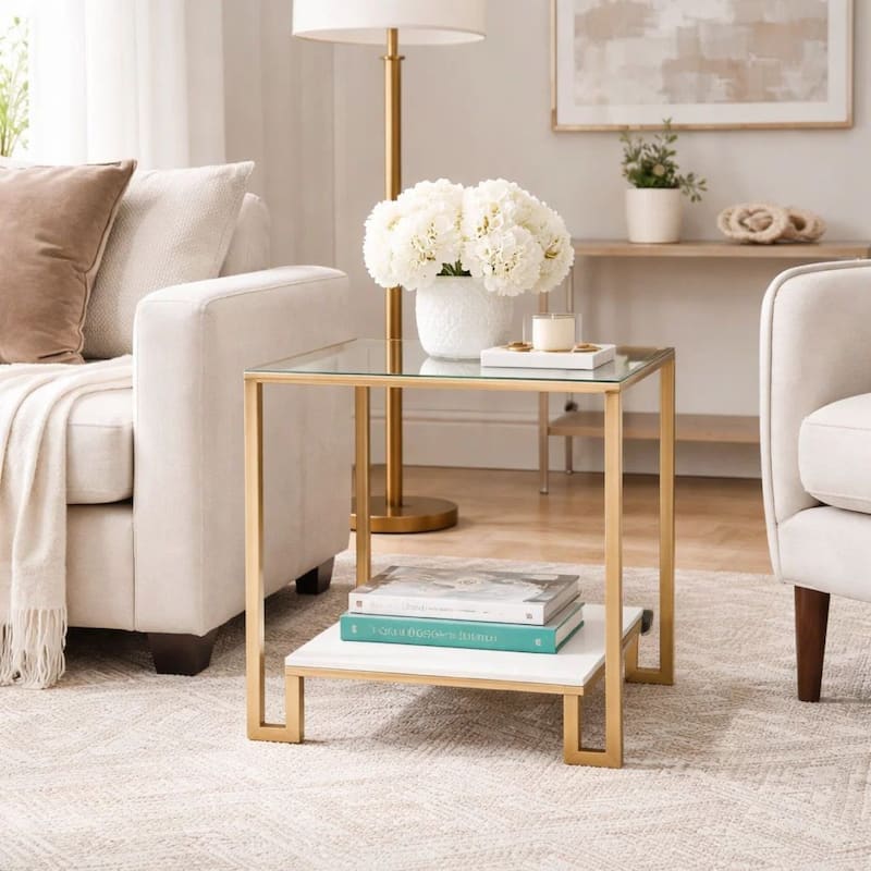 Kix Side End Table, 20 Inch Square Glass Top, Open Shelf, Antique Gold