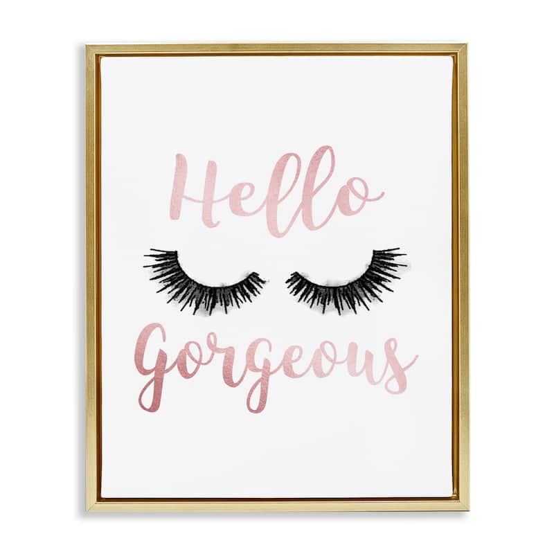 Stupell Hello Gorgeous Black Eyelashes Typography Floater Frame - White - 17 x 21 - Gold