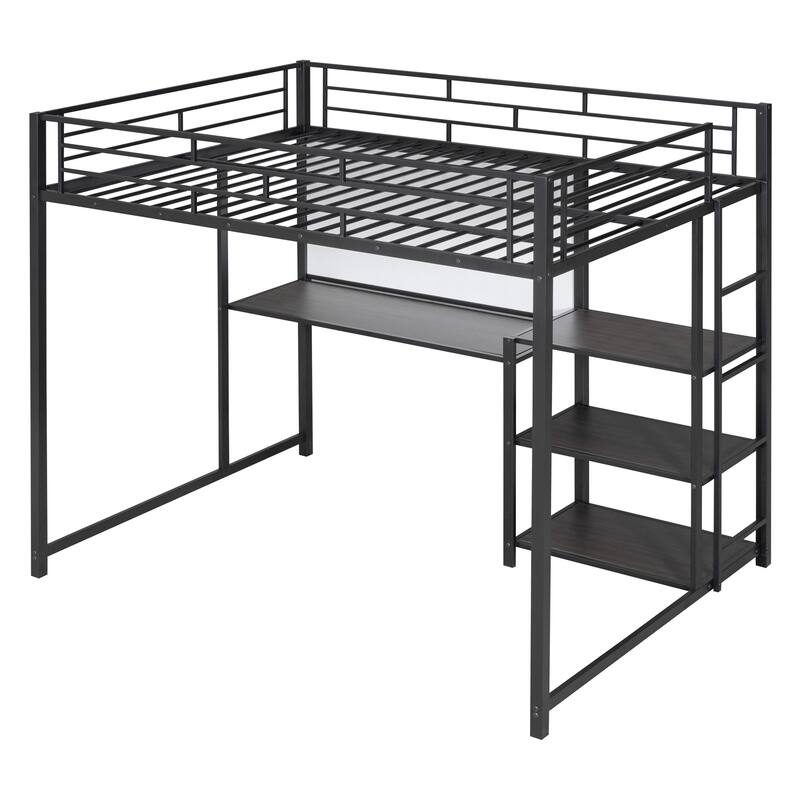 Space-Saving Twin/Full Loft Bed with Built-in Desk and Storage Shelves