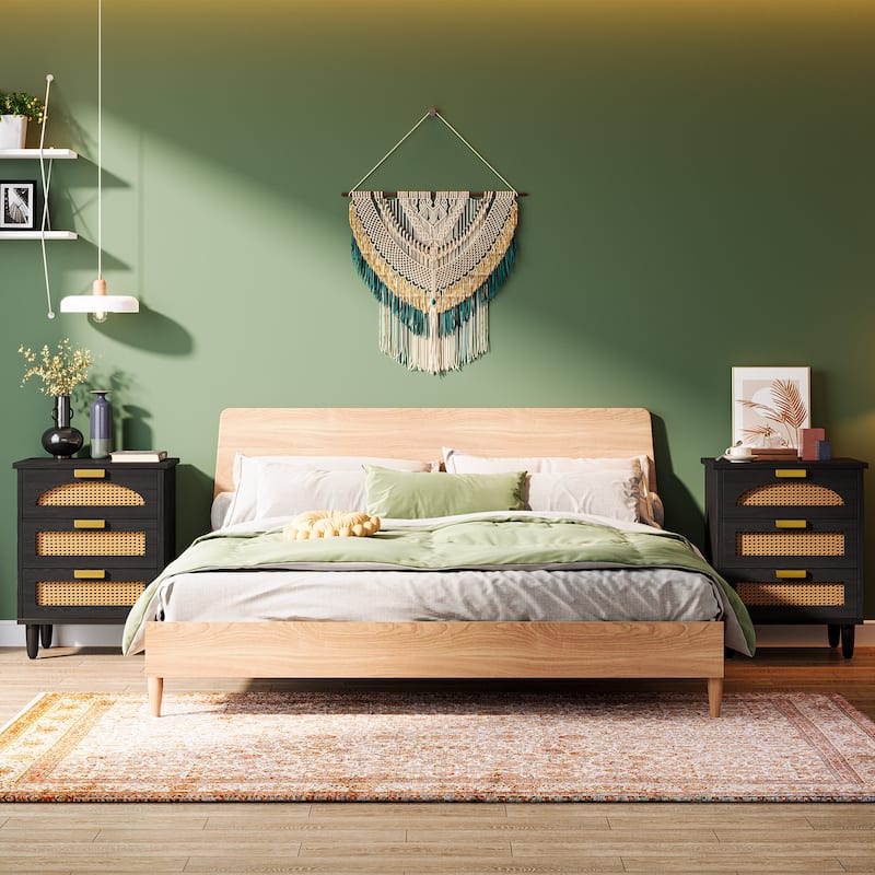 Wood and Rattan 3-drawer Nightstand Bedside Table (Set of 2）