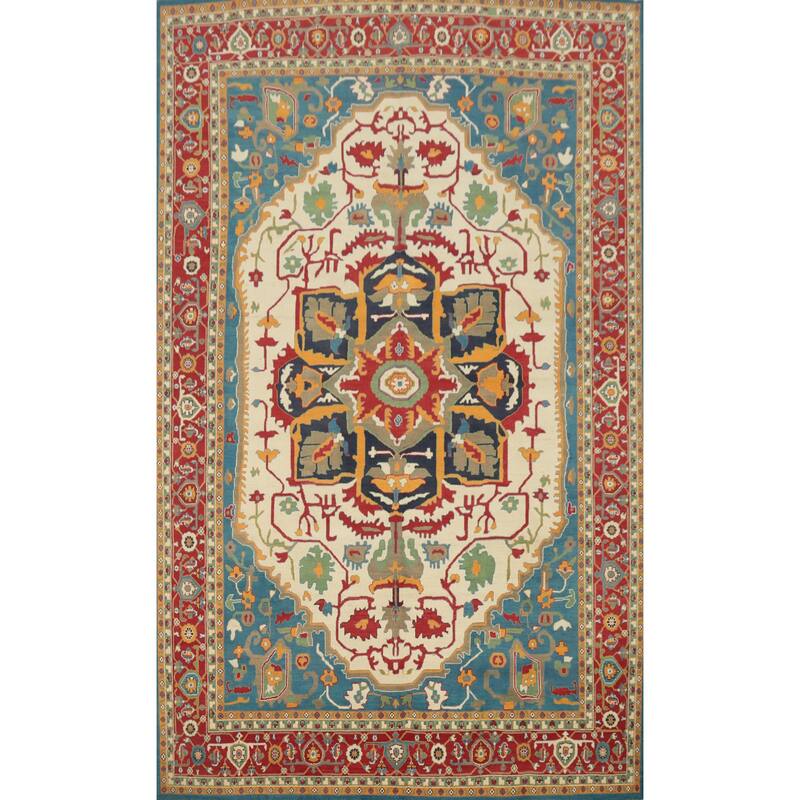 Hand Knotted Oriental 100% Wool Carpet Traditional Medallion Beige & Ivories Heriz (serapi) Area Rug - 13' 10'' X 9' 7''