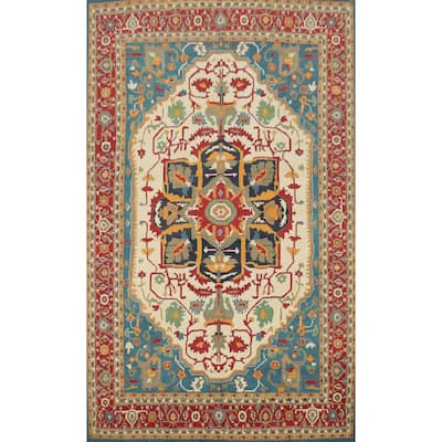 Hand Knotted Oriental 100% Wool Carpet Traditional Medallion Beige & Ivories Heriz (serapi) Area Rug - 13' 10'' X 9' 7''
