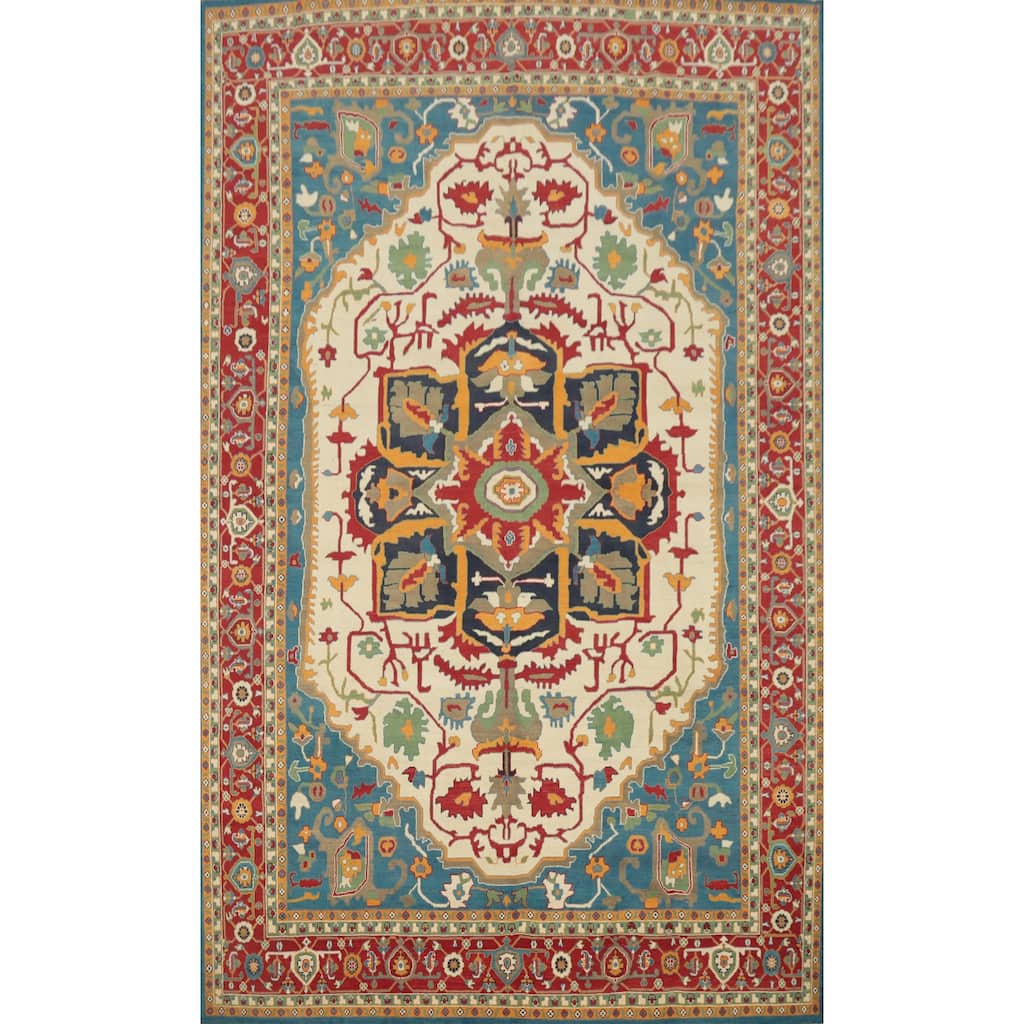 Hand Knotted Oriental 100% Wool Carpet Traditional Medallion Beige & Ivories Heriz (serapi) Area Rug - 13' 10'' X 9' 7''