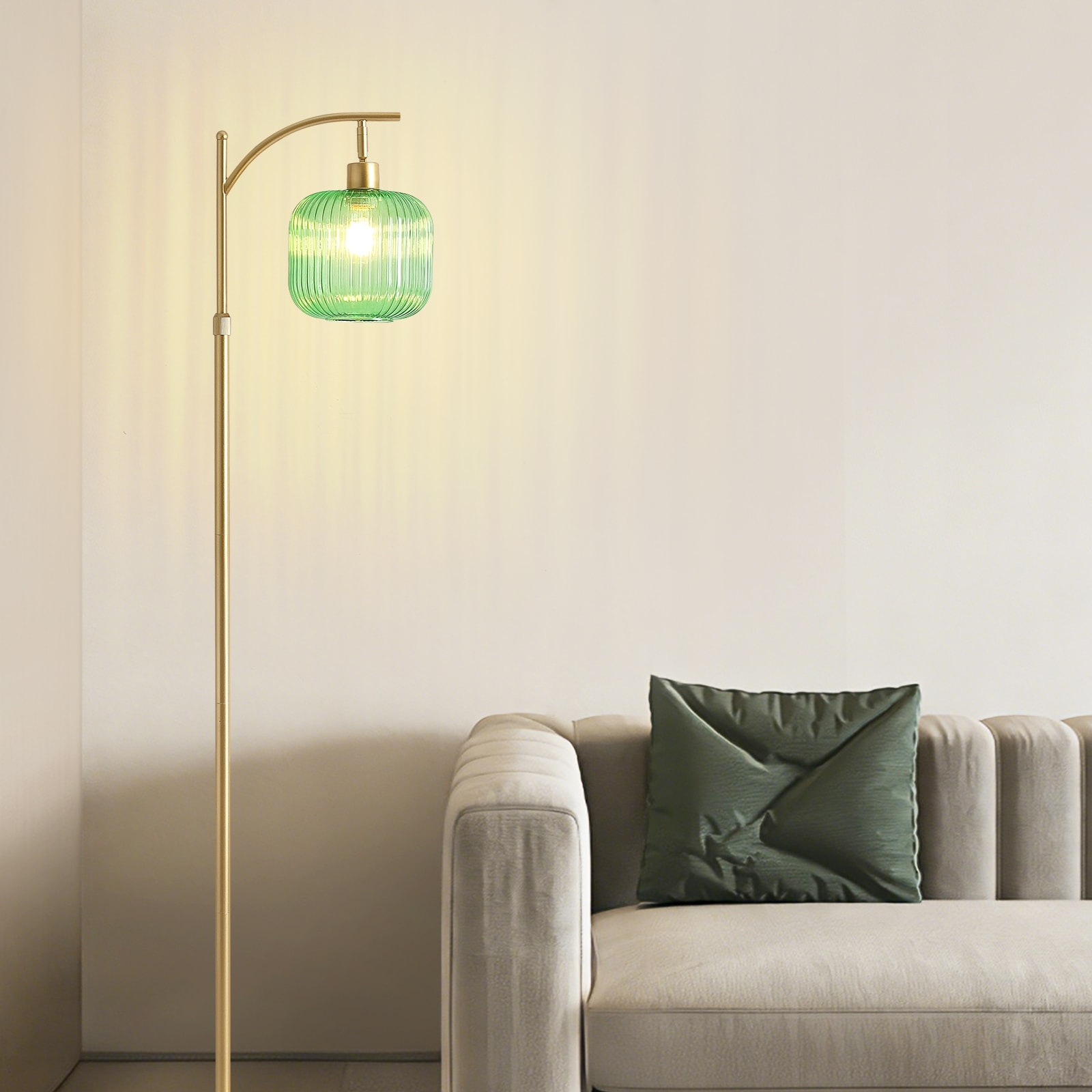 66 in. Gold Floor Lamp with Green Ribbed Glass Shade & Pedal Switch - 66 inch